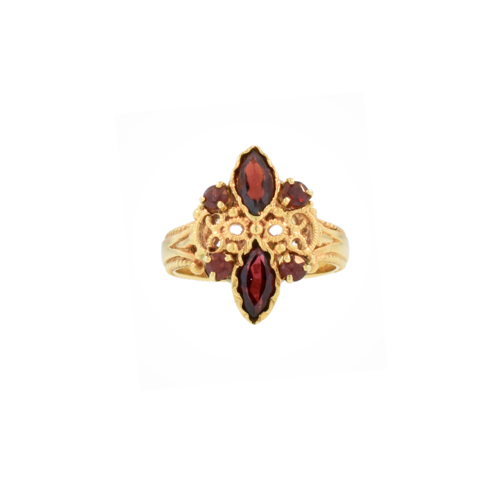Estate Yellow Gold Cluster Ring with Red Marquees
