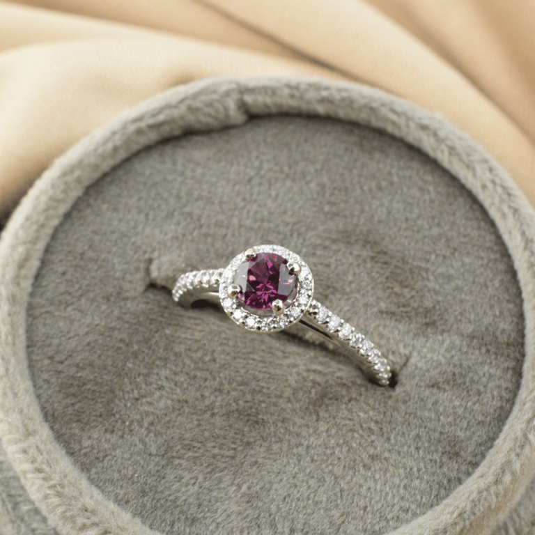 Expressions Jewelers 14K Rhodolite Garnet Ring with Diamond Halo