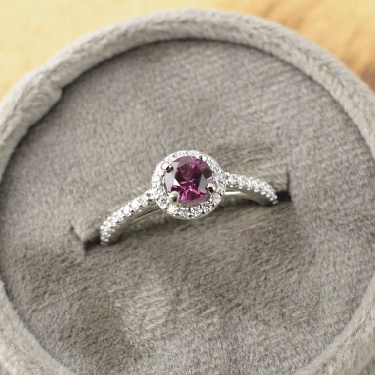 14K Rhodolite Garnet Ring with Diamond Halo