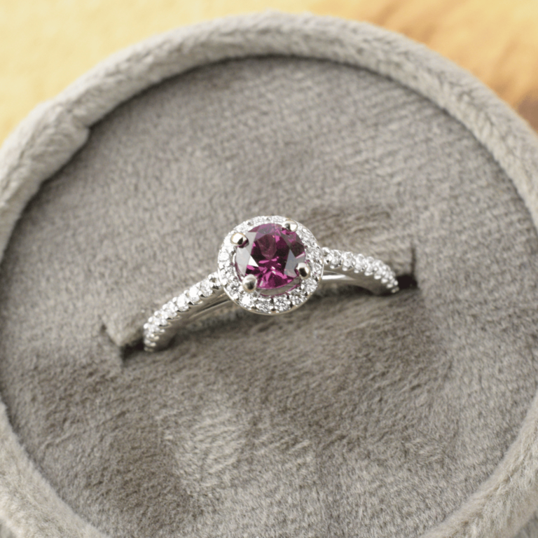 Expressions Jewelers 14K Rhodolite Garnet Ring with Diamond Halo