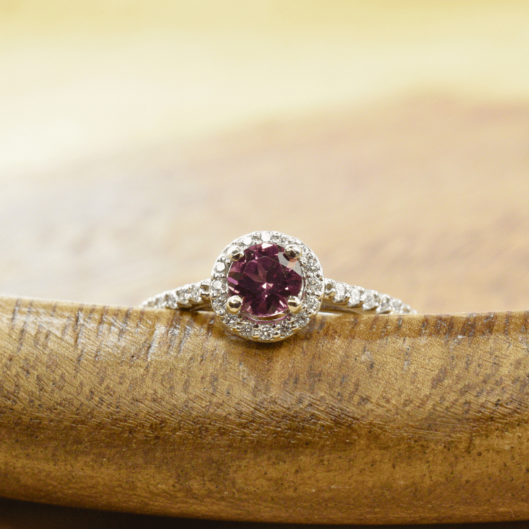 14K Rhodolite Garnet Ring with Diamond Halo