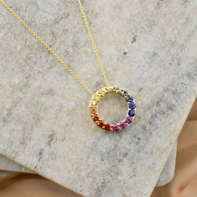 Rainbow Sapphire Circle Pendant Necklace