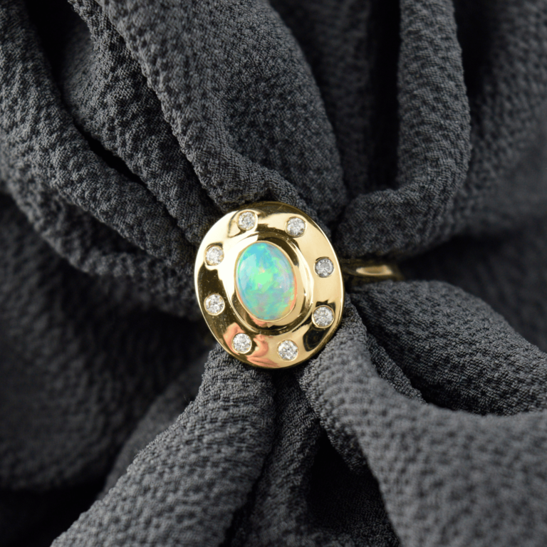 Expressions Jewelers 14k Bezel Set Opal and Diamond Ring