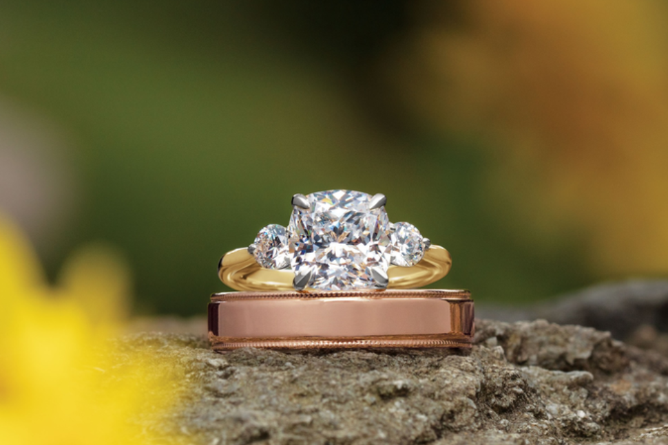 Cushion cut diamond engagement ring and wedding band