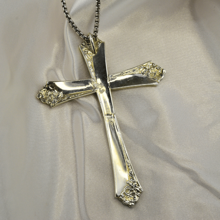 Large Silver Spoon Cross with Rose Details