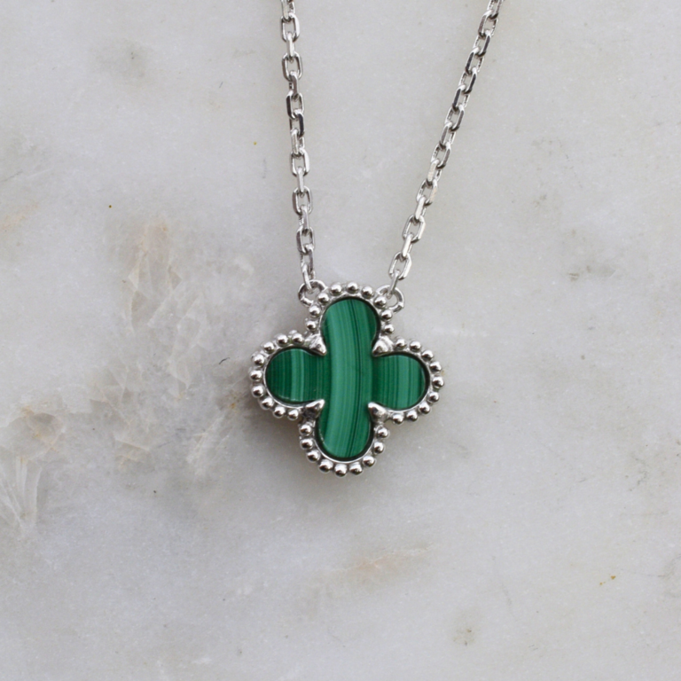 Expressions Jewelers Silver Malachite Clover Necklace