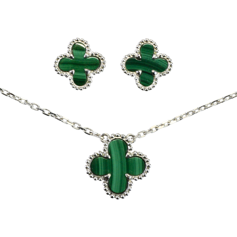 Expressions Jewelers Silver Malachite Clover Necklace