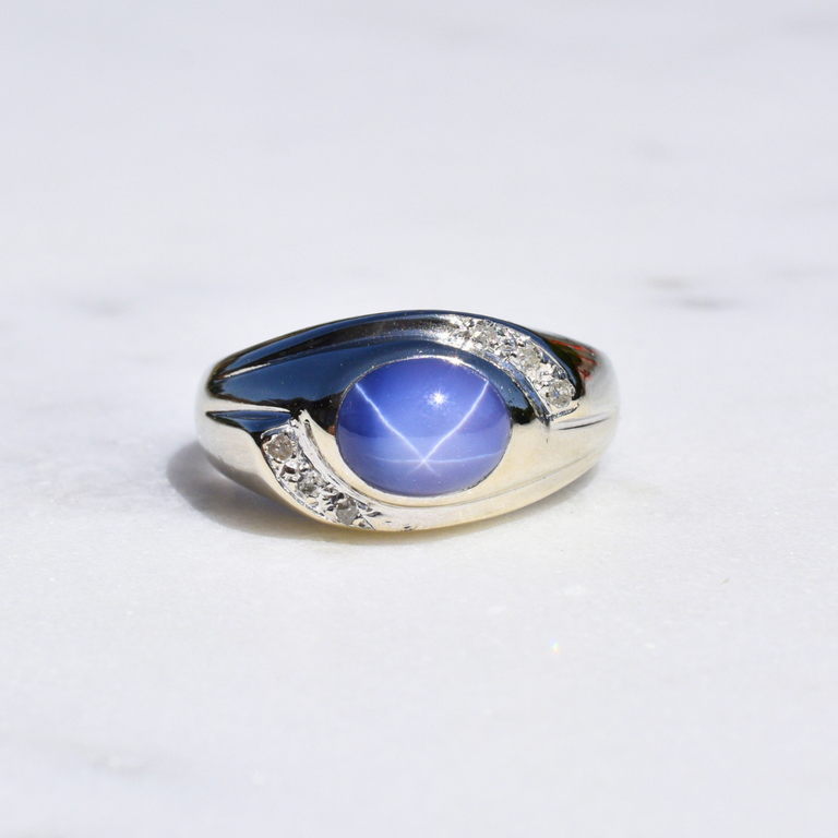 Estate Blue Cabachon and Diamond Ring