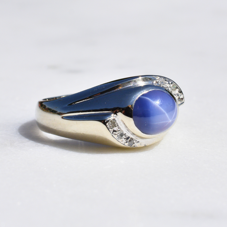 Estate Blue Cabachon and Diamond Ring