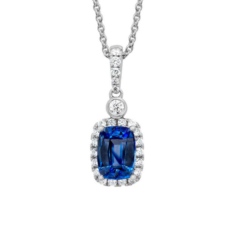 Expressions Jewelers 14K Cushion-Cut Sapphire and Diamond Halo Necklace