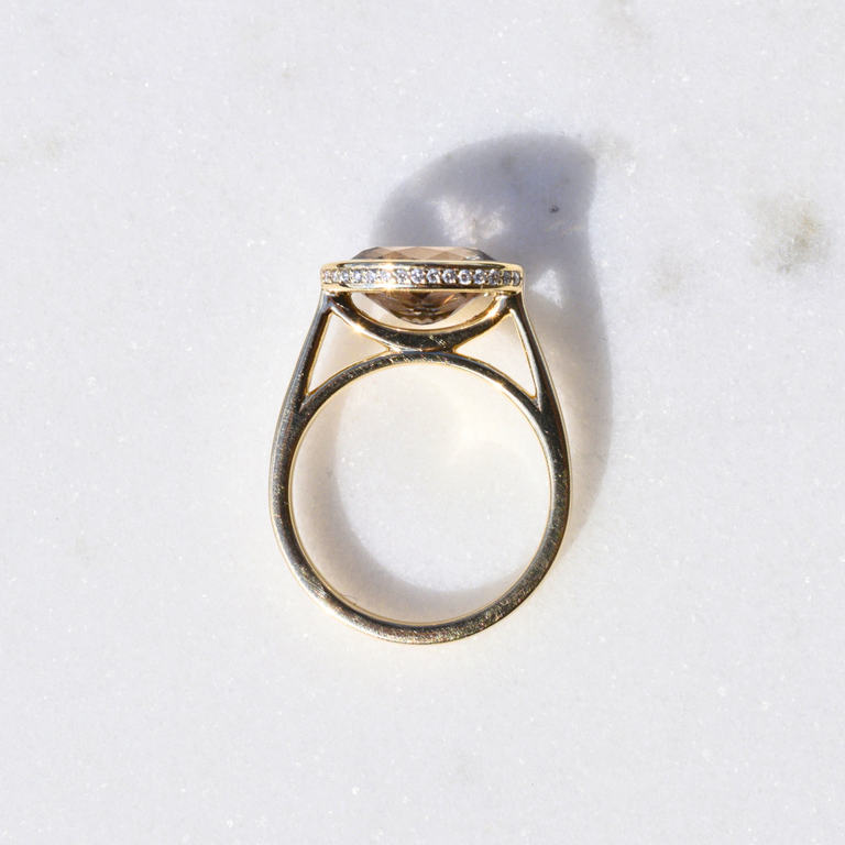 Expressions Jewelers 14K Yellow Gold Oval Brown Zircon Ring with Hidden Diamond Halo