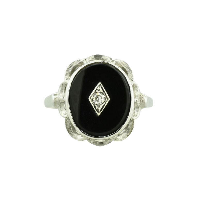 Estate Collection Estate 10K White Gold Ring with Black Center and Diamond Accent