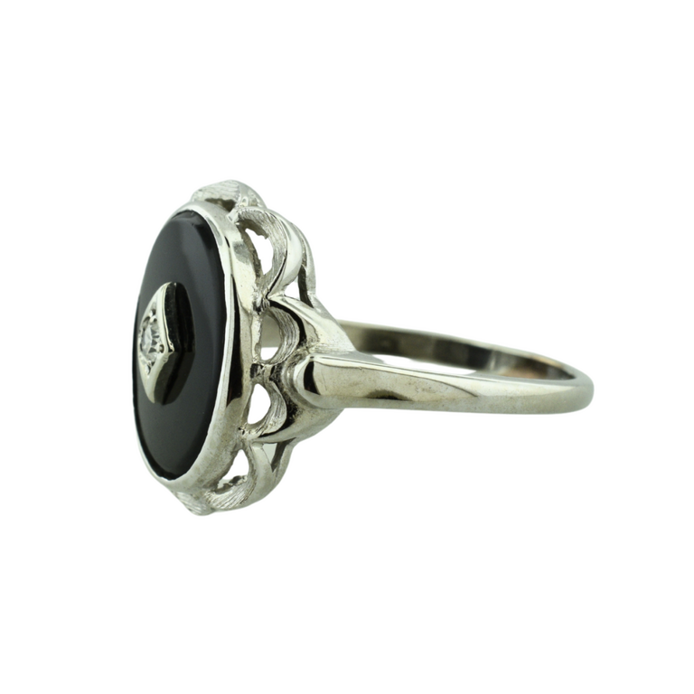 Estate Collection Estate 10K White Gold Ring with Black Center and Diamond Accent