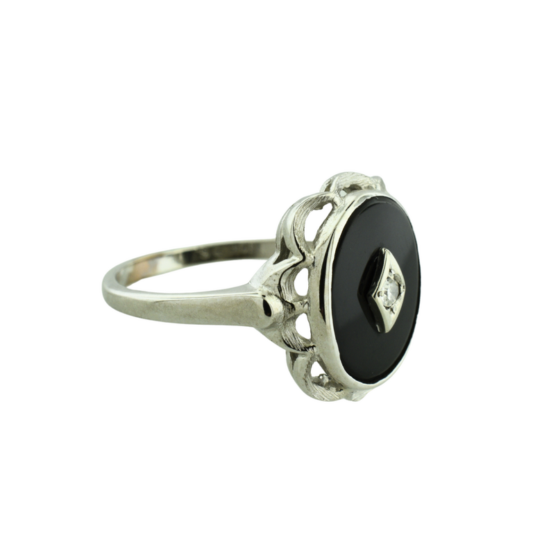 Estate Collection Estate 10K White Gold Ring with Black Center and Diamond Accent