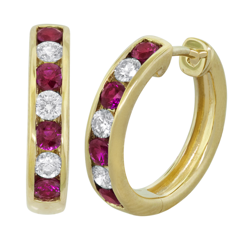 Expressions Jewelers 18K Yellow Gold Ruby and Diamond Channel Set Huggie Earrings
