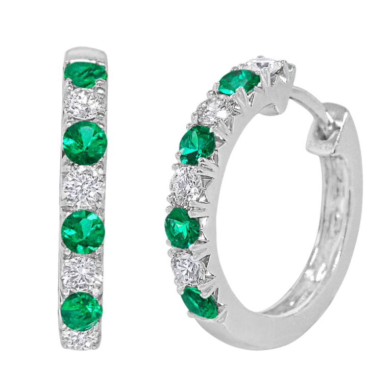 Expressions Jewelers 18K White Gold Emerald and Diamond Hoop Earrings