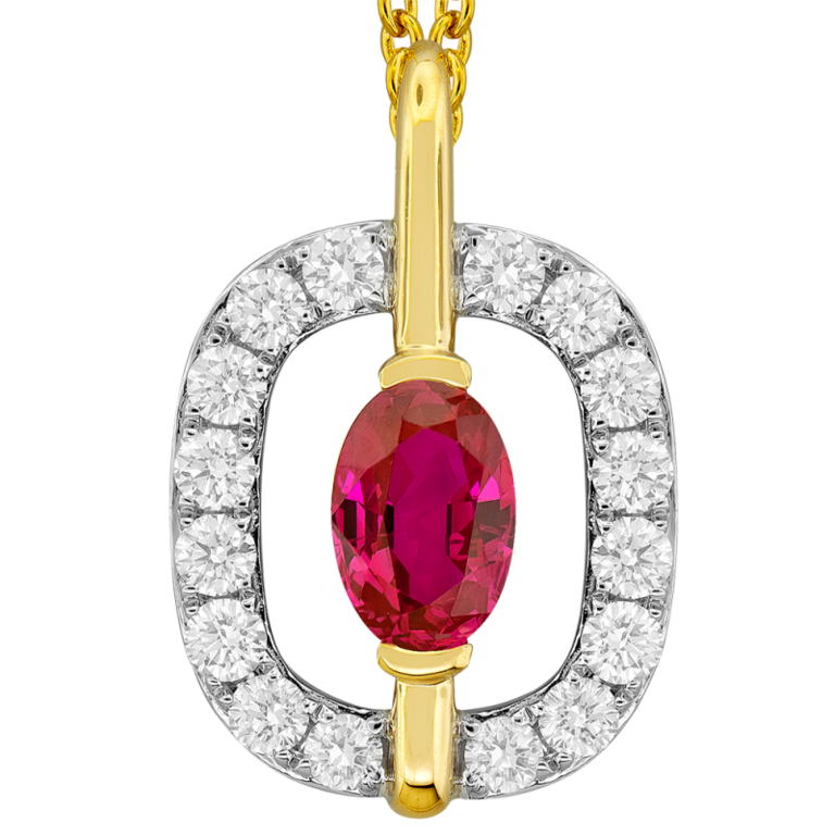 Expressions Jewelers 18K Yellow Gold Ruby and Diamond Oval Halo Pendant