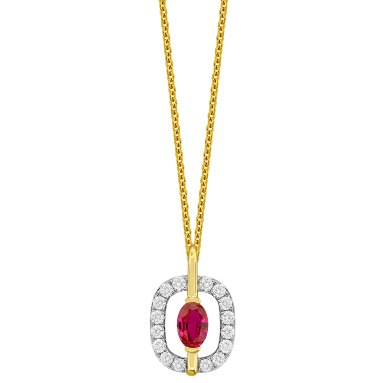 Expressions Jewelers 18K Yellow Gold Ruby and Diamond Oval Halo Pendant