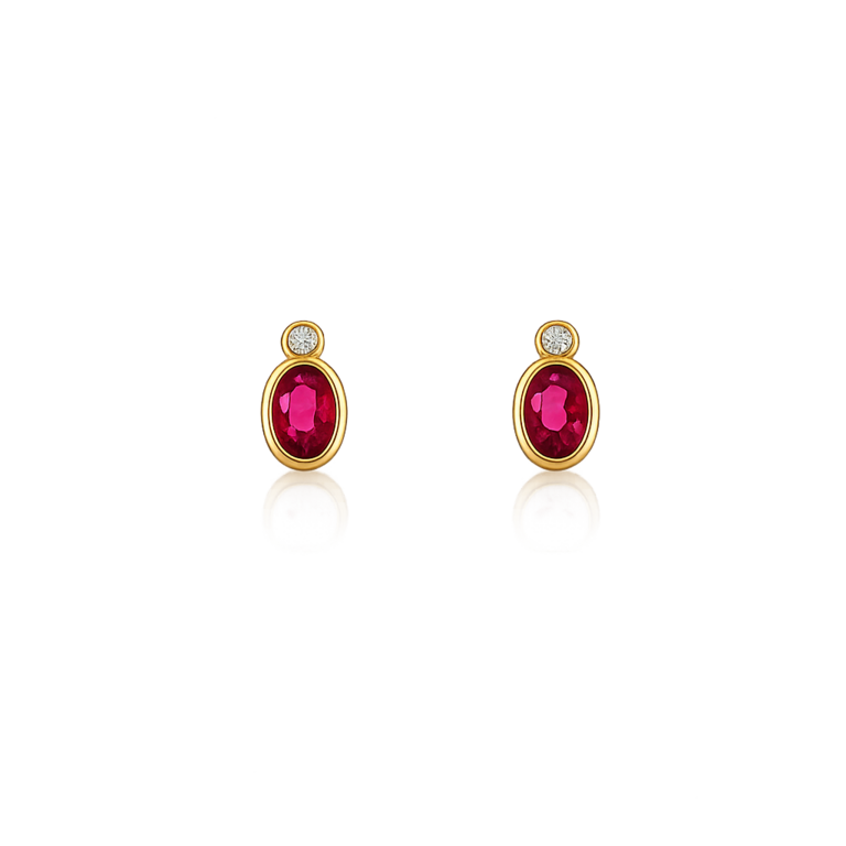 14K Yellow Gold Oval Ruby Bezel Stud Earrings with Diamond Accents