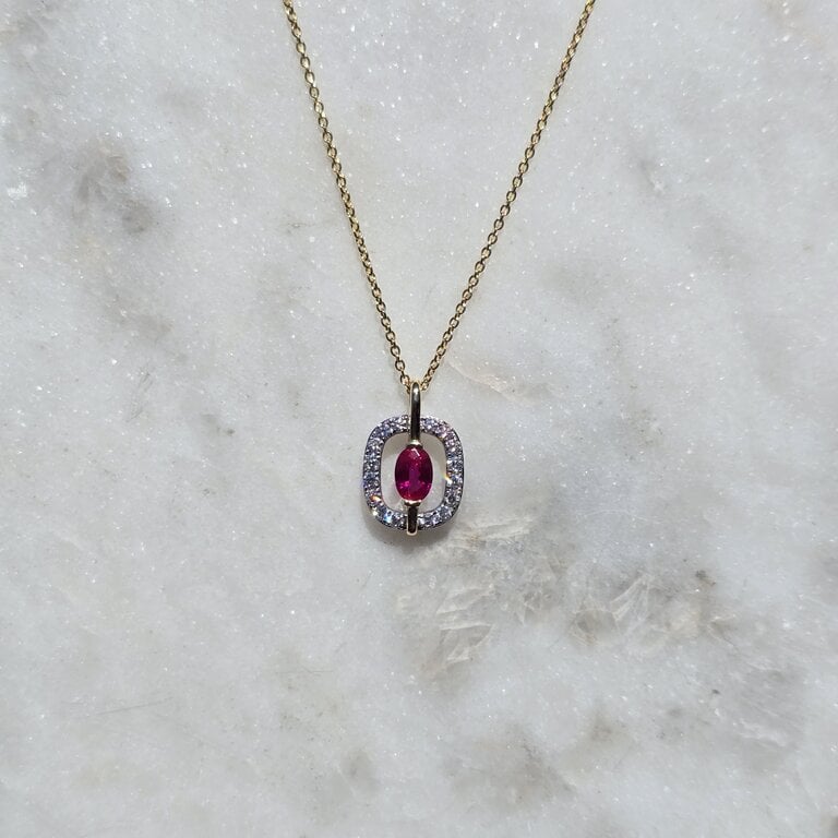 Expressions Jewelers 18K Yellow Gold Ruby and Diamond Oval Halo Pendant
