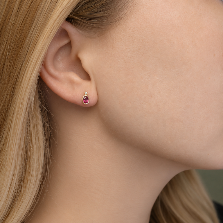 14K Yellow Gold Oval Ruby Bezel Stud Earrings with Diamond Accents