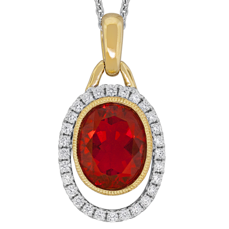 Expressions Jewelers 18K Yellow and White Gold Fire Opal & Diamond Halo Pendant Necklace