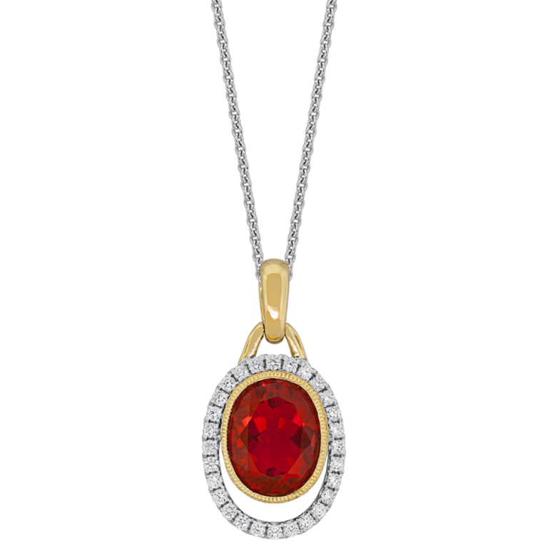Expressions Jewelers 18K Yellow and White Gold Fire Opal & Diamond Halo Pendant Necklace
