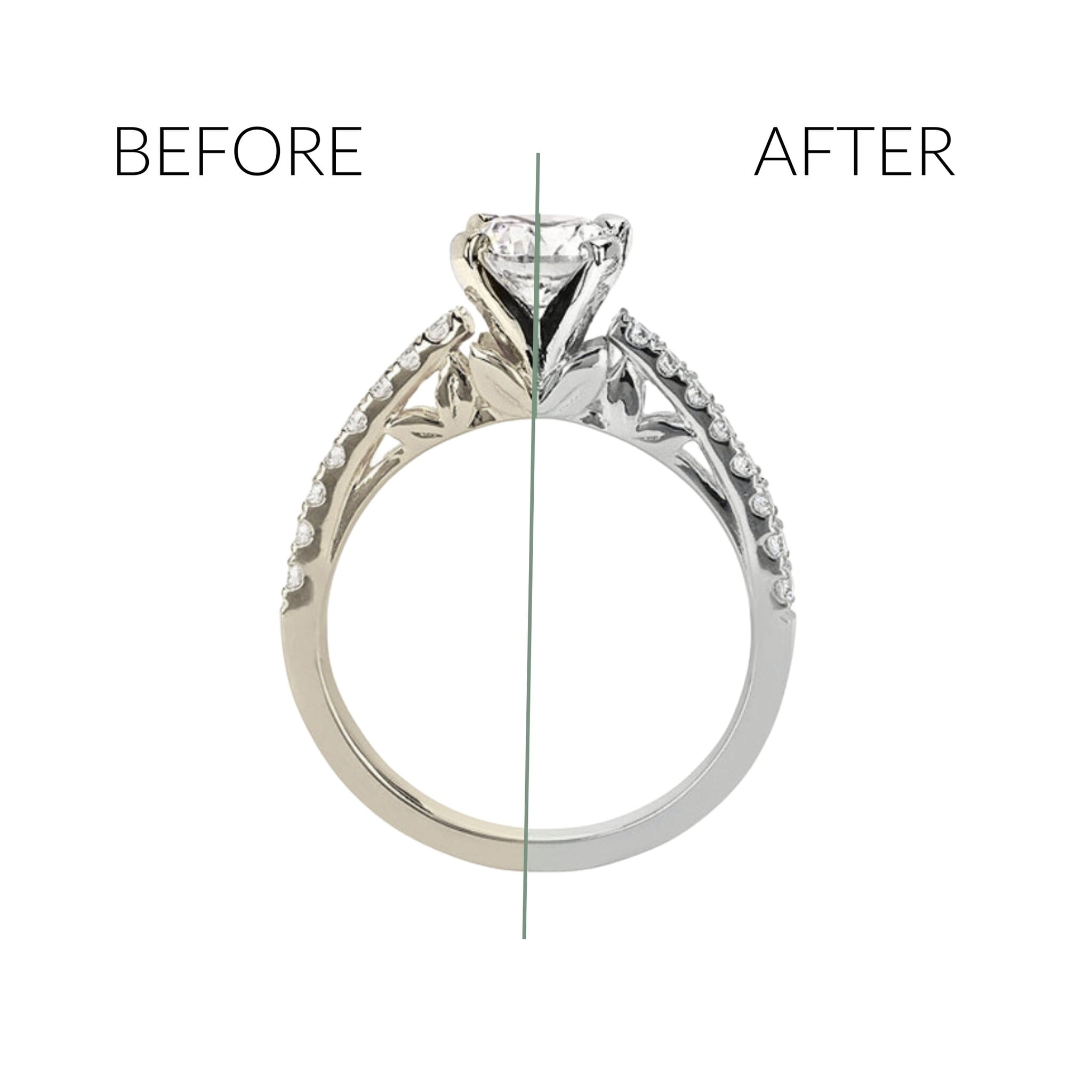 White gold ring comparing worn rhodium plating with a freshly rhodium-plated finish