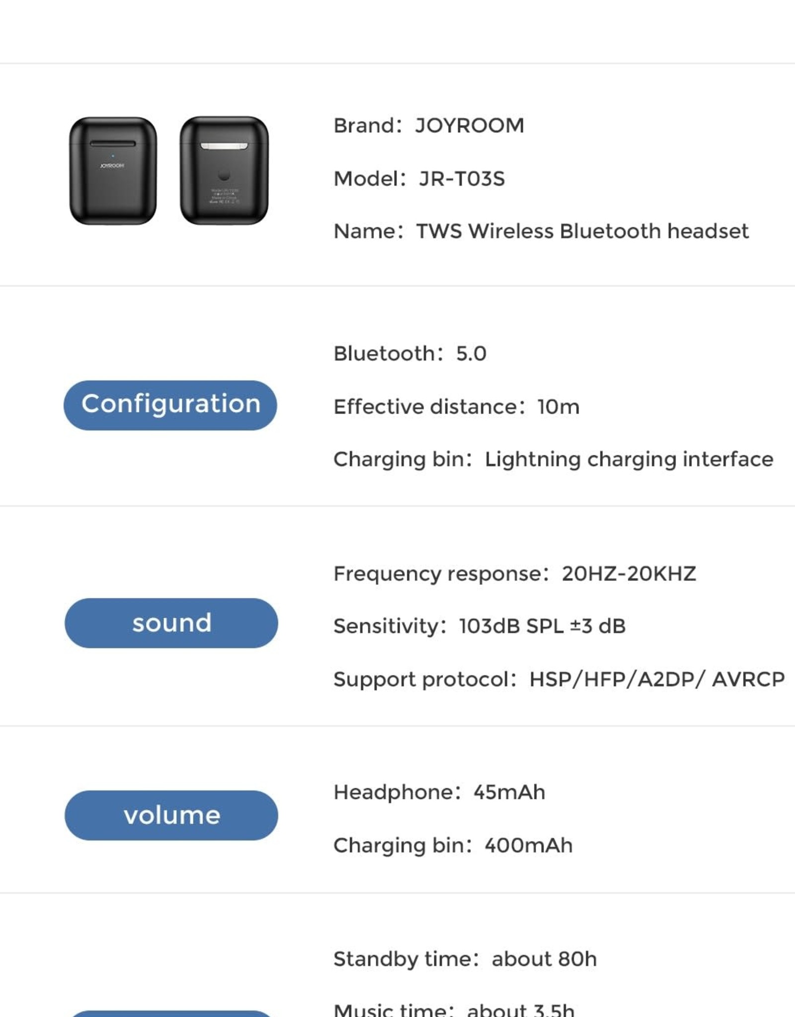 JoyRoom JR-T03S Binaural TWS Bluetooth Headsets AirPods - Black