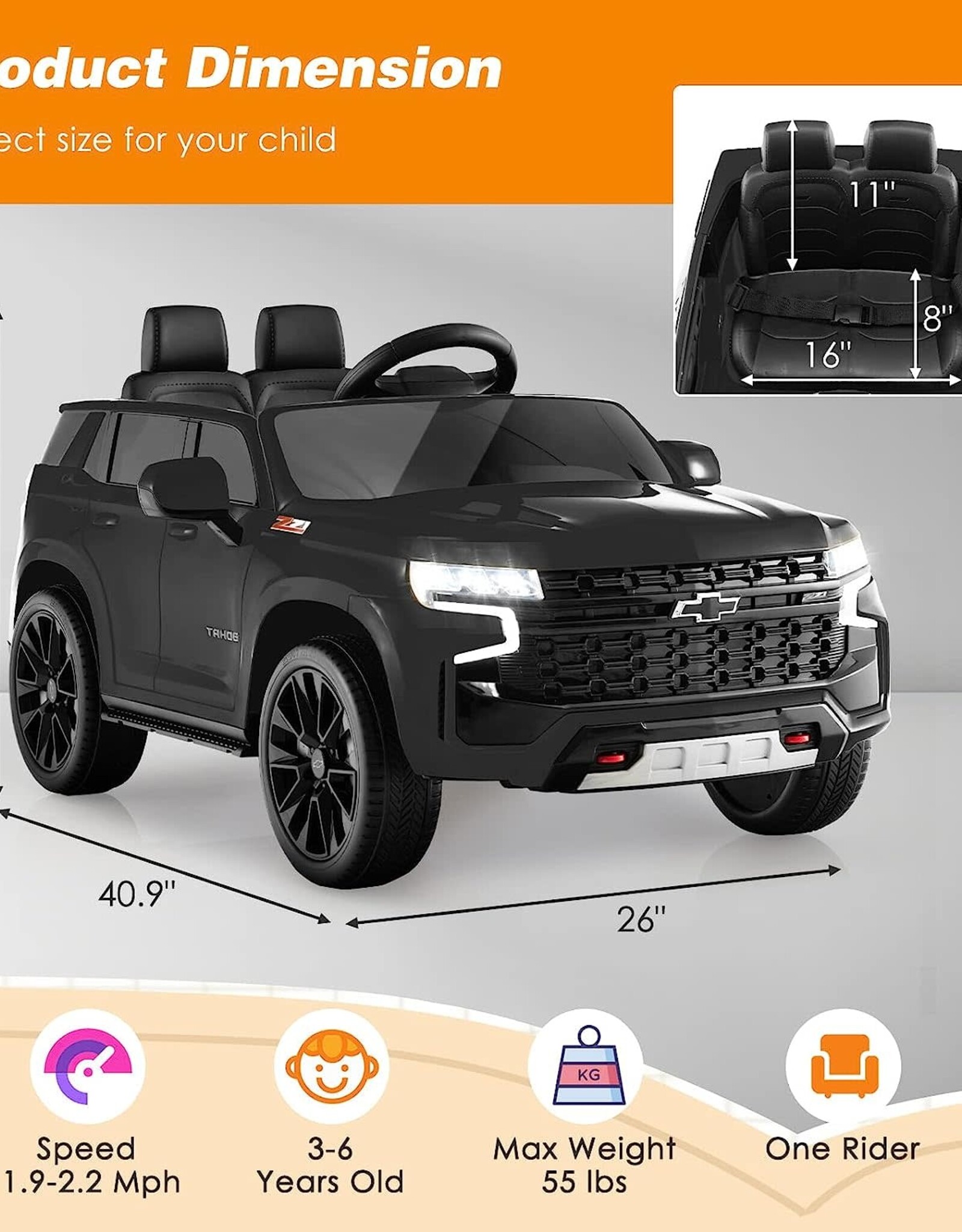 Costzon Ride on Car, 12V Licensed Chevrolet Tahoe Battery Powered Electric Vehicle w/ 2.4G Remote Control, High/Low Speed, Music, Lights, MP3/USB/FM, Spring Suspension, Electric SUV for Kids (Black)