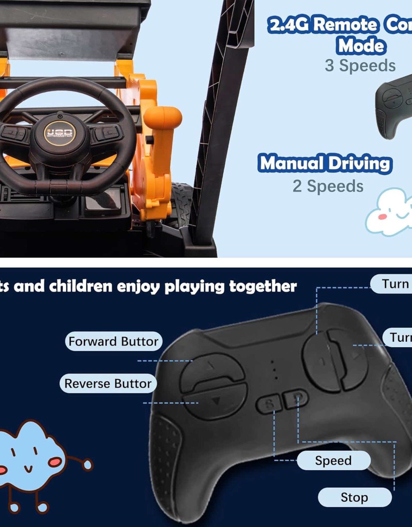 24V JCB Ride On Excavator, Construction Electric Vehicle for Kids 3-8 with Tractor, Bulldozer, Digging Arm, Remote Control, Adjustable Speeds, Yellow
