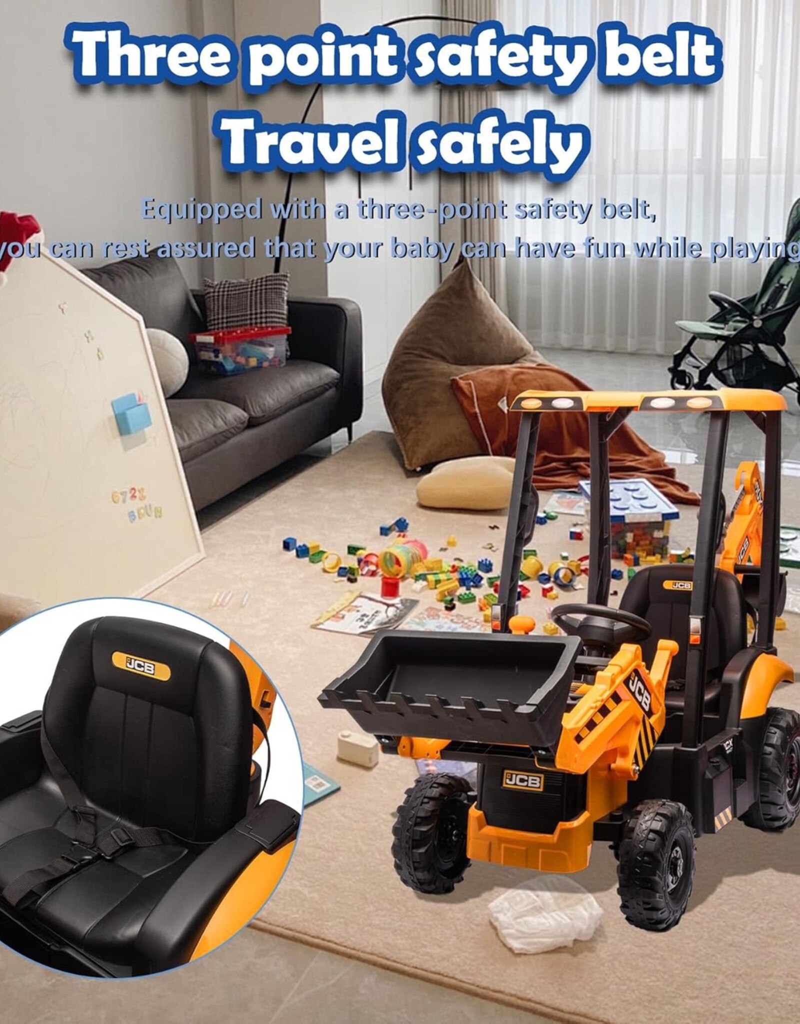 24V JCB Ride On Excavator, Construction Electric Vehicle for Kids 3-8 with Tractor, Bulldozer, Digging Arm, Remote Control, Adjustable Speeds, Yellow
