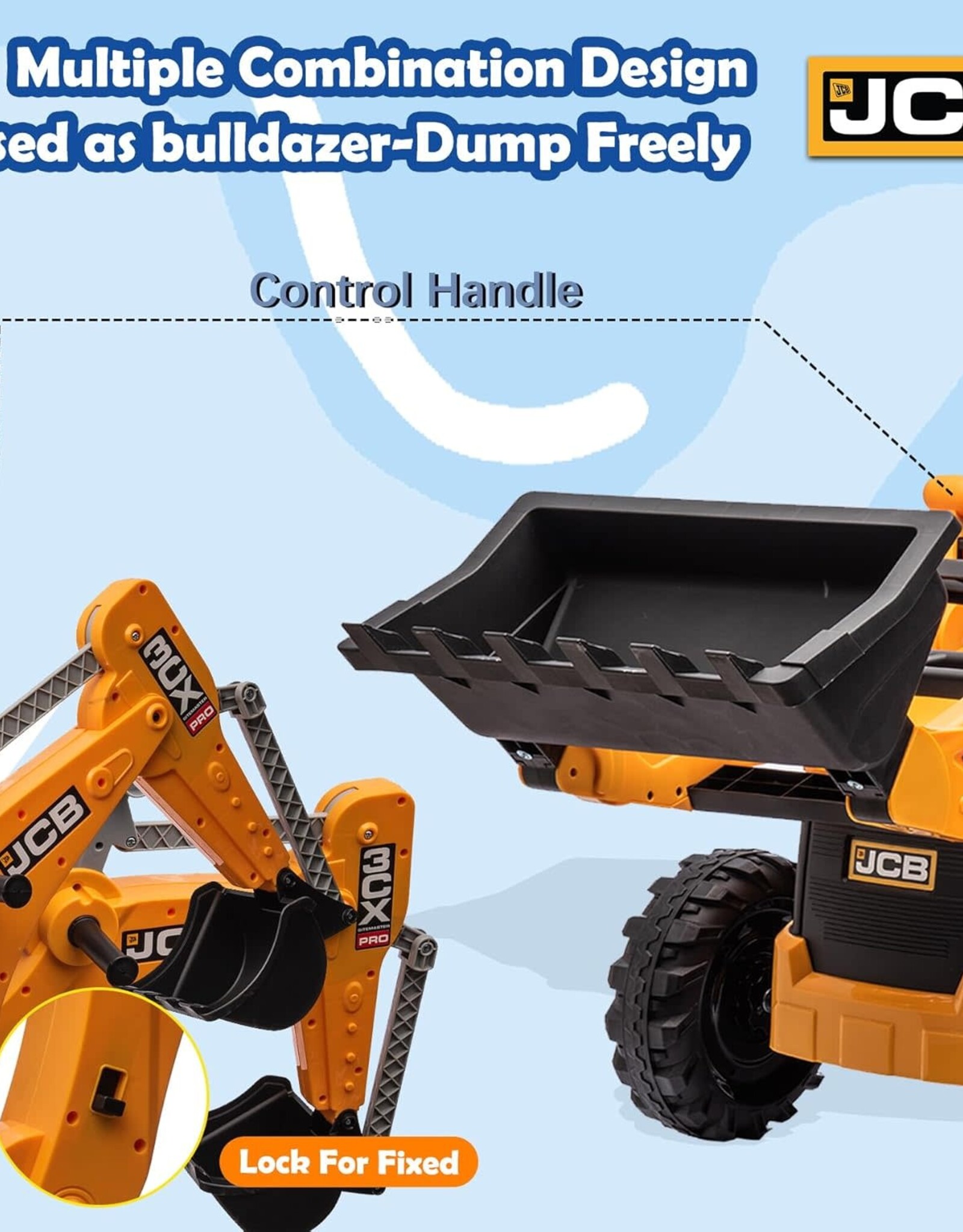 24V JCB Ride On Excavator, Construction Electric Vehicle for Kids 3-8 with Tractor, Bulldozer, Digging Arm, Remote Control, Adjustable Speeds, Yellow