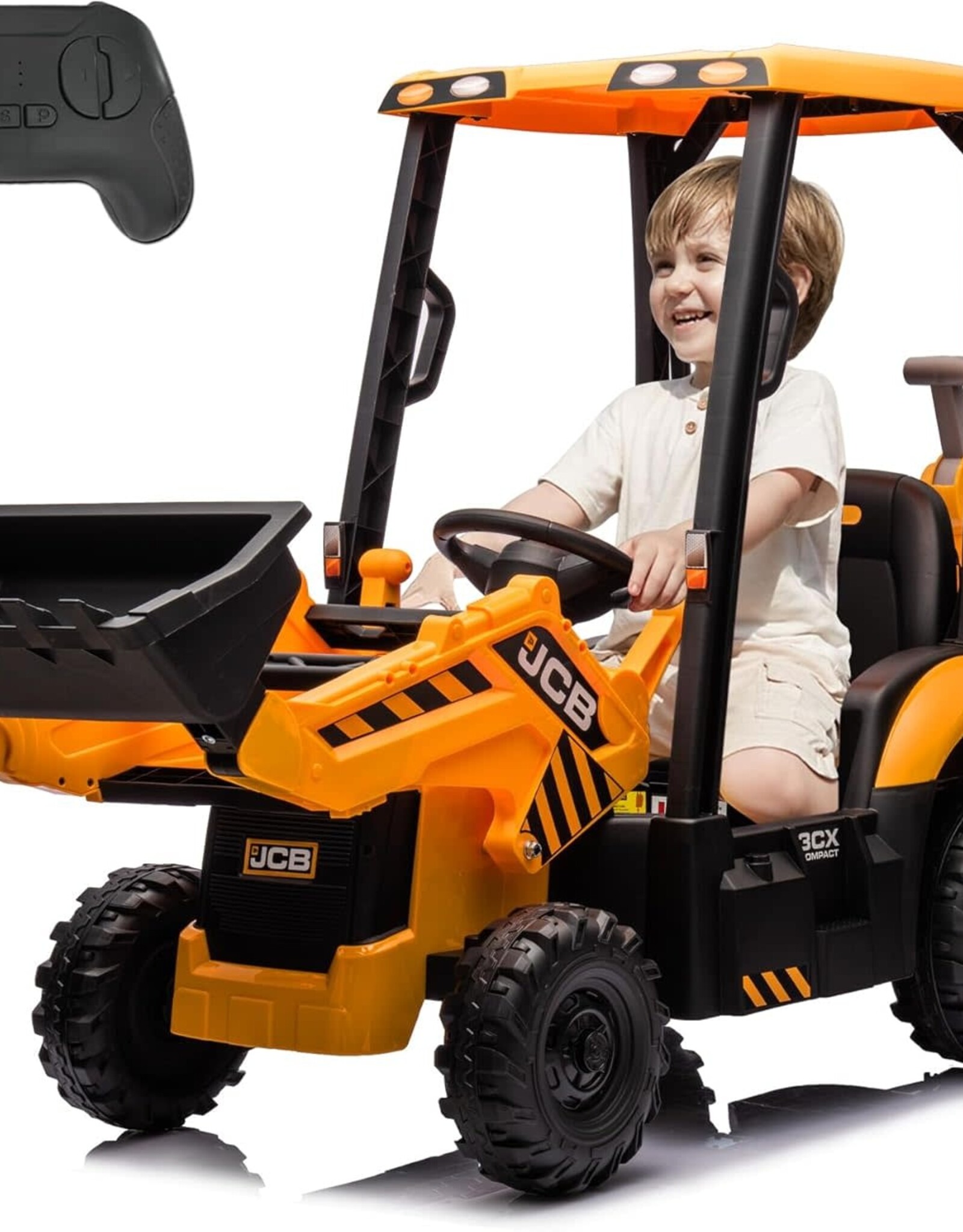 24V JCB Ride On Excavator, Construction Electric Vehicle for Kids 3-8 with Tractor, Bulldozer, Digging Arm, Remote Control, Adjustable Speeds, Yellow