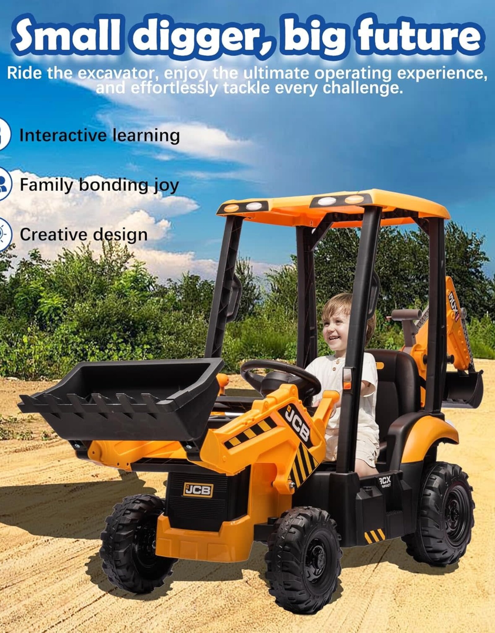 24V JCB Ride On Excavator, Construction Electric Vehicle for Kids 3-8 with Tractor, Bulldozer, Digging Arm, Remote Control, Adjustable Speeds, Yellow