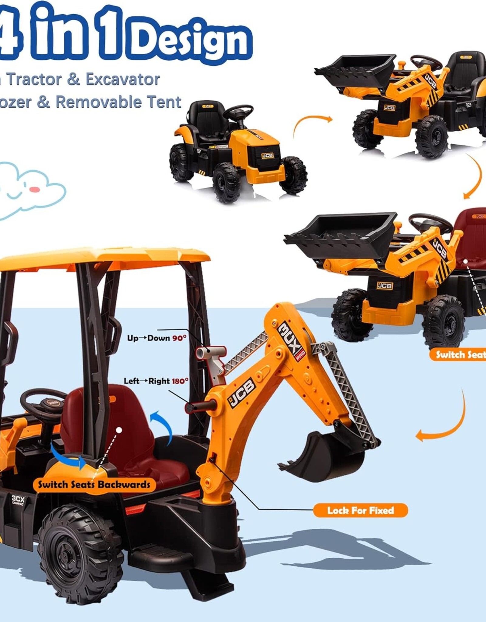 24V JCB Ride On Excavator, Construction Electric Vehicle for Kids 3-8 with Tractor, Bulldozer, Digging Arm, Remote Control, Adjustable Speeds, Yellow