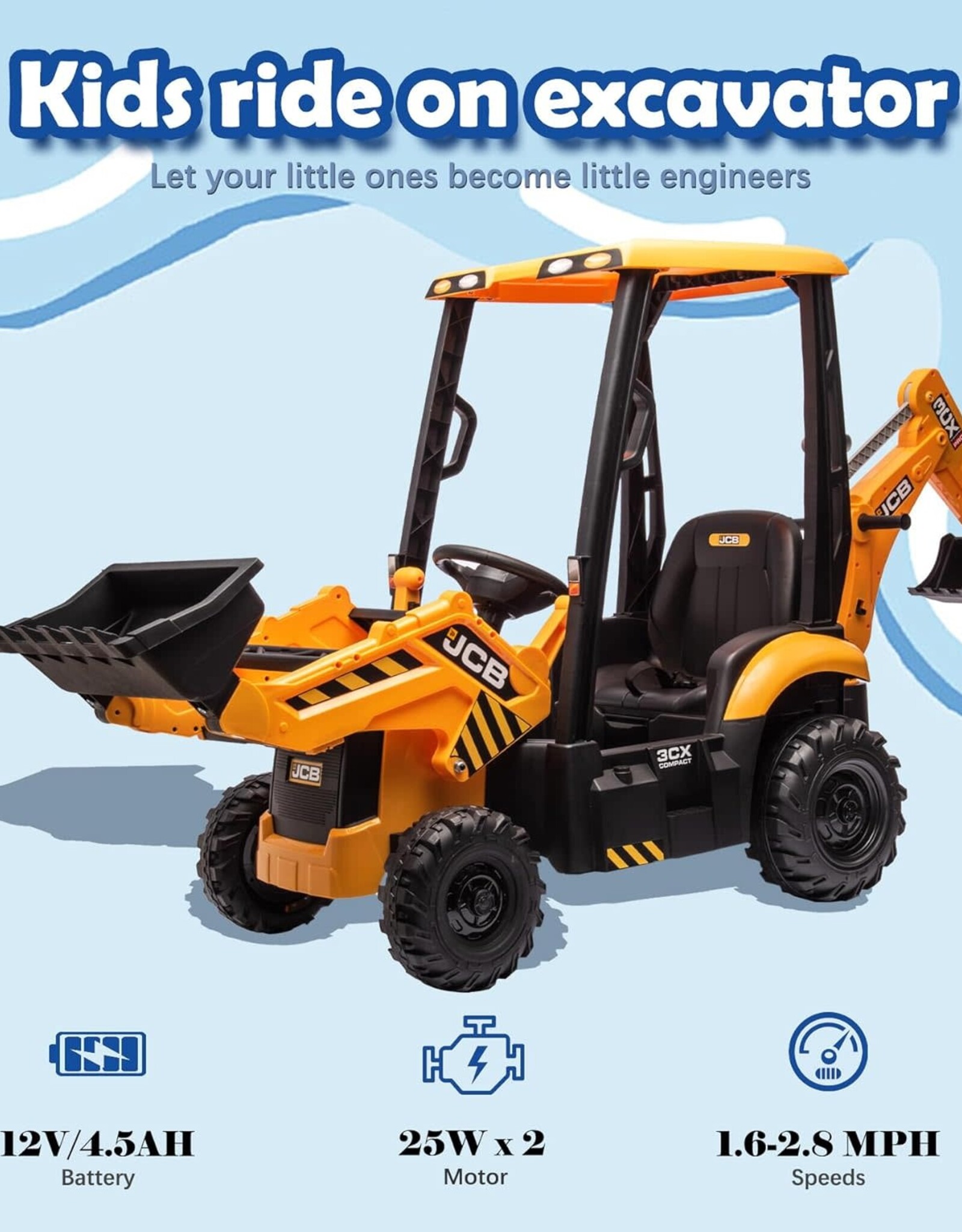 24V JCB Ride On Excavator, Construction Electric Vehicle for Kids 3-8 with Tractor, Bulldozer, Digging Arm, Remote Control, Adjustable Speeds, Yellow