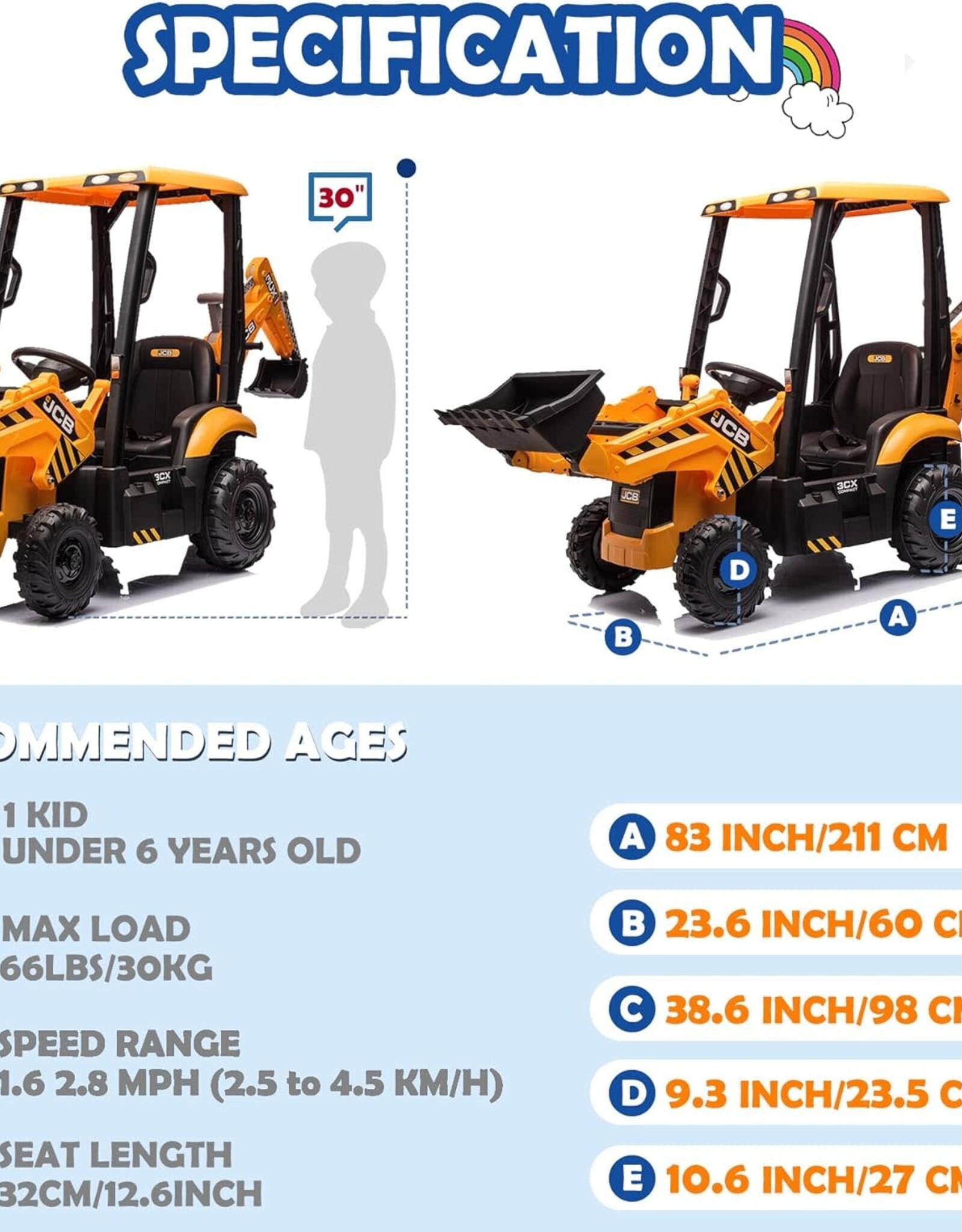 24V JCB Ride On Excavator, Construction Electric Vehicle for Kids 3-8 with Tractor, Bulldozer, Digging Arm, Remote Control, Adjustable Speeds, Yellow