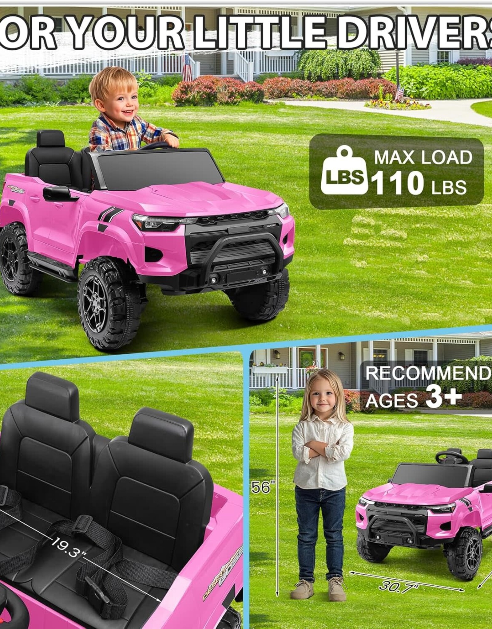 Hikole 24V 2 Seater Ride On Car Toys w/Parent Remote Control, 2WD/4WD Switchable, 4xSpring Suspension, 3 Speeds, Wireless Music, Electric Vehicle Car for Kids Ages 4-8, Pink
