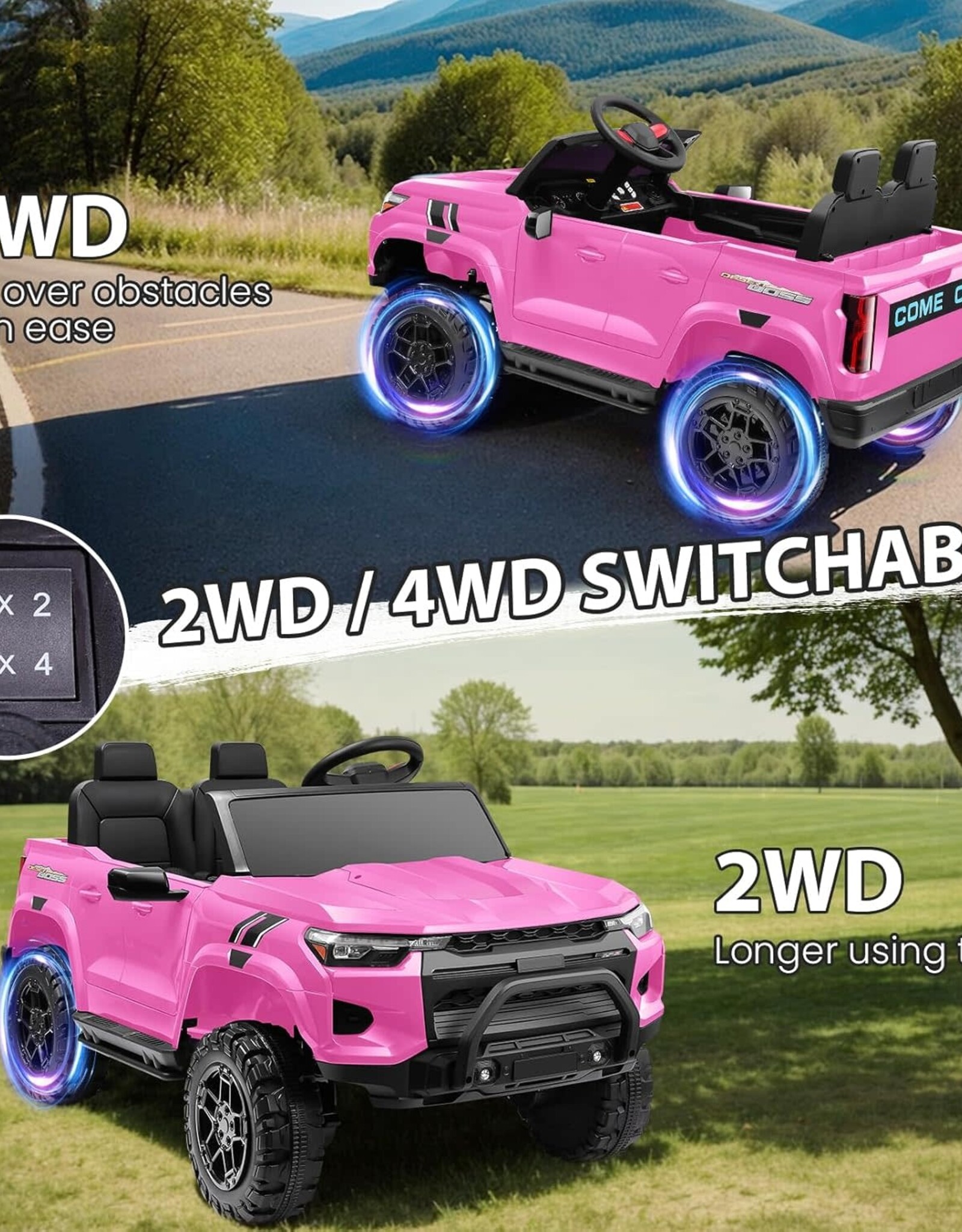 Hikole 24V 2 Seater Ride On Car Toys w/Parent Remote Control, 2WD/4WD Switchable, 4xSpring Suspension, 3 Speeds, Wireless Music, Electric Vehicle Car for Kids Ages 4-8, Pink