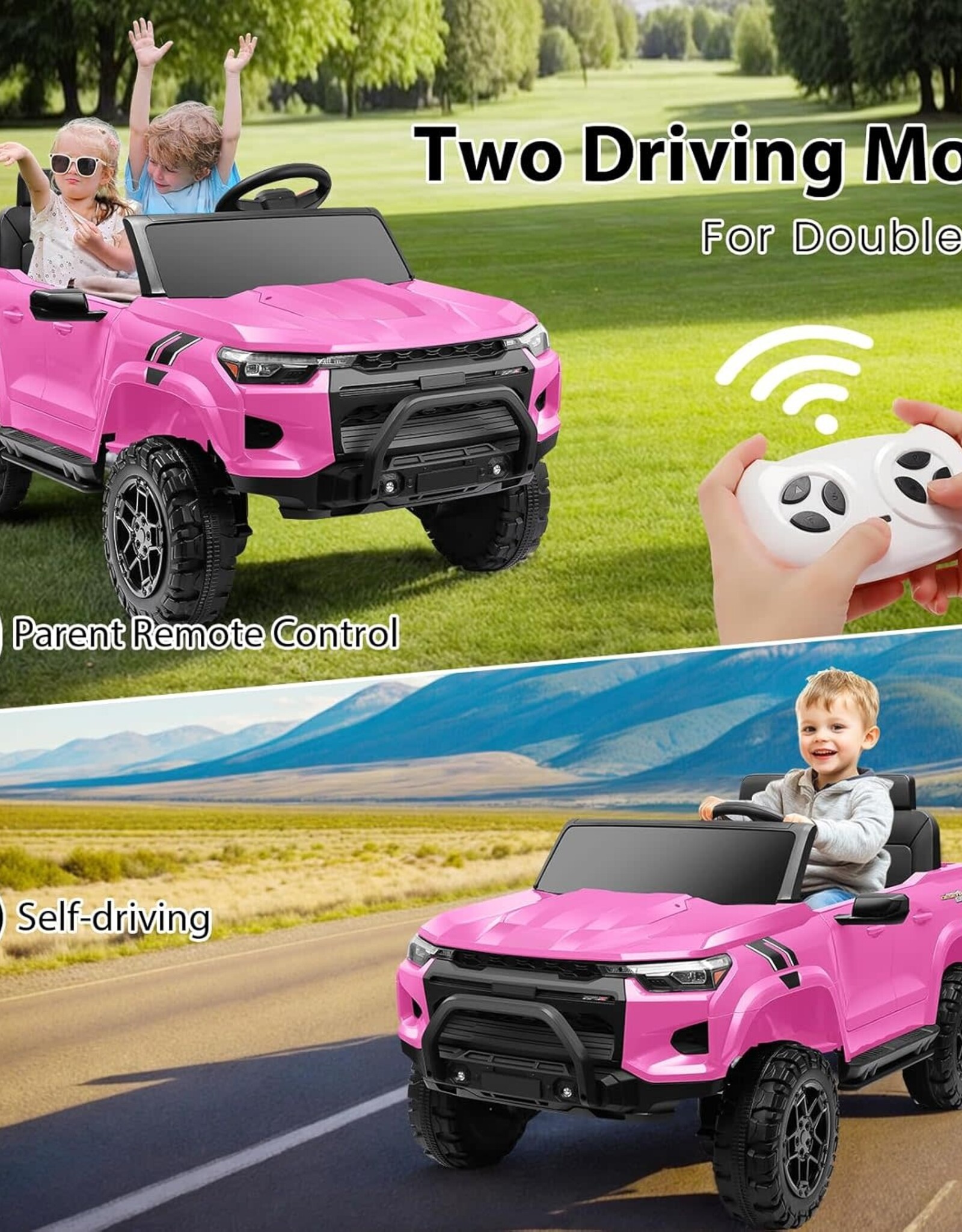 Hikole 24V 2 Seater Ride On Car Toys w/Parent Remote Control, 2WD/4WD Switchable, 4xSpring Suspension, 3 Speeds, Wireless Music, Electric Vehicle Car for Kids Ages 4-8, Pink