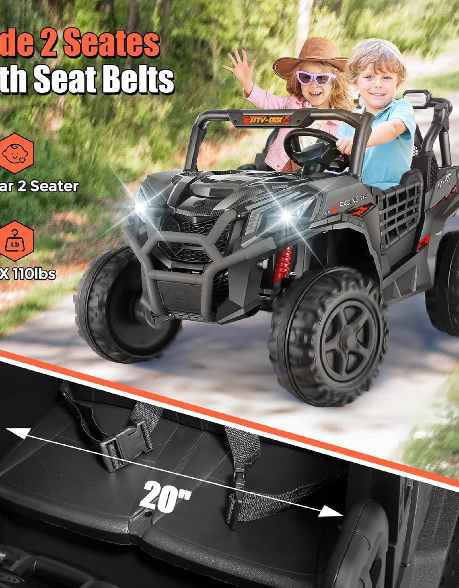 Hikole UTV 24v 2 Seater Ride on Car with Remote Control, 4WD/2WD Kids Power Electric Wheel UTV, 20" Spacious Seat, 4 Shock Absorbers, Music, Bluetooth, 24 Volt Ride On Toys for Boys, Hot Black