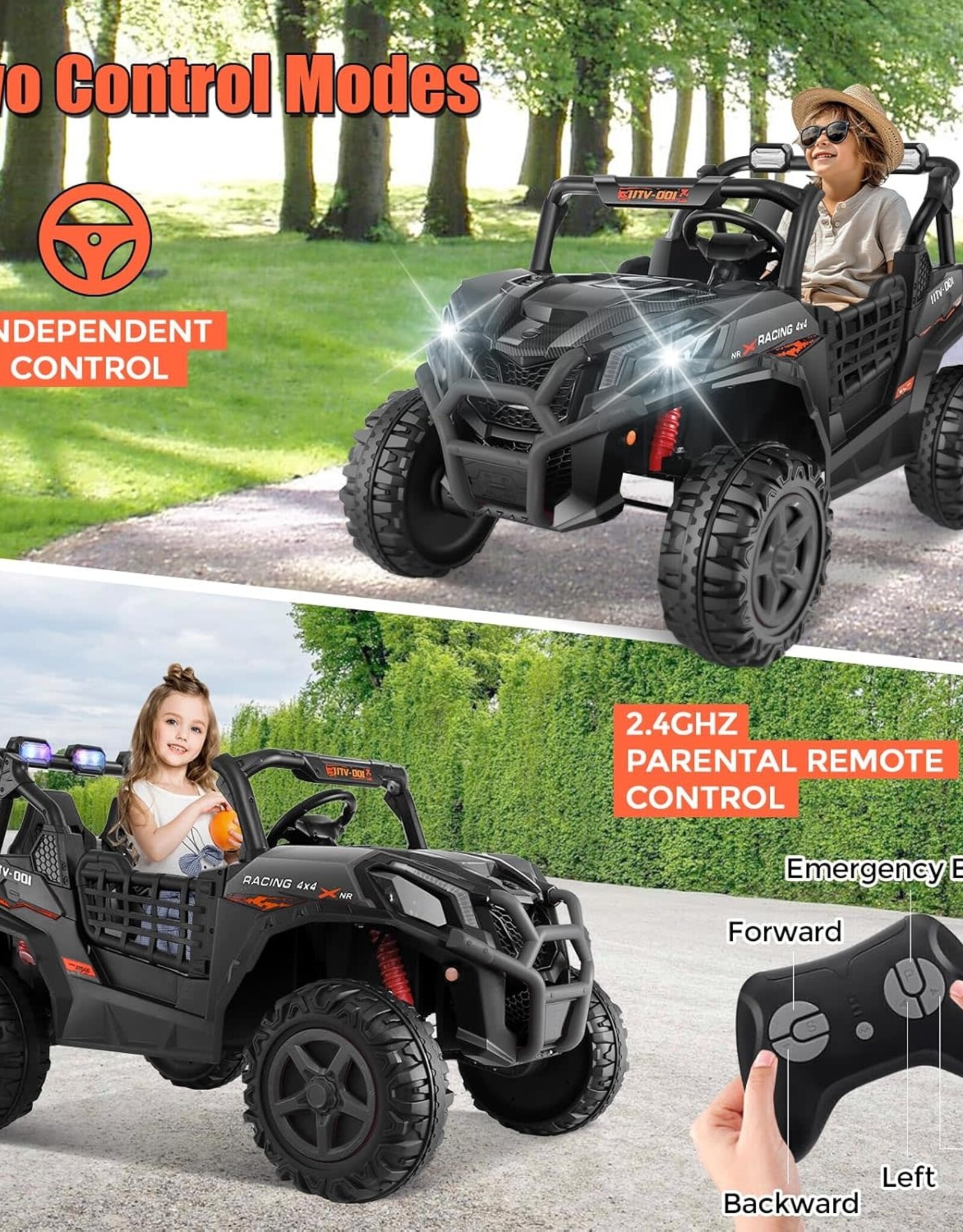 Hikole UTV 24v 2 Seater Ride on Car with Remote Control, 4WD/2WD Kids Power Electric Wheel UTV, 20" Spacious Seat, 4 Shock Absorbers, Music, Bluetooth, 24 Volt Ride On Toys for Boys, Hot Black
