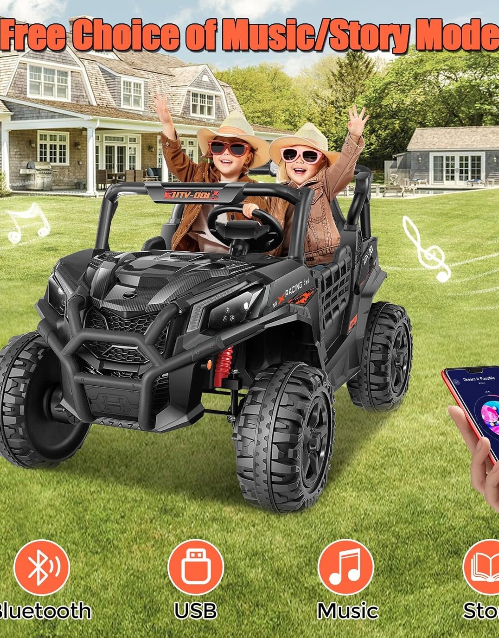 Hikole UTV 24v 2 Seater Ride on Car with Remote Control, 4WD/2WD Kids Power Electric Wheel UTV, 20" Spacious Seat, 4 Shock Absorbers, Music, Bluetooth, 24 Volt Ride On Toys for Boys, Hot Black