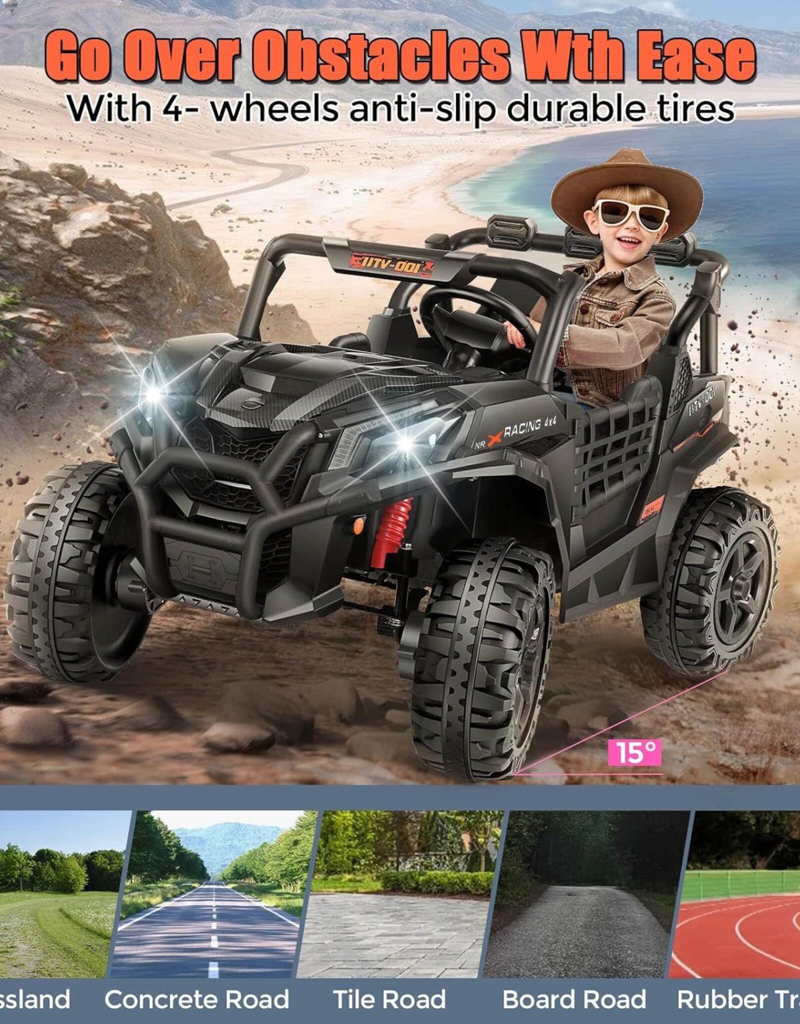 Hikole UTV 24v 2 Seater Ride on Car with Remote Control, 4WD/2WD Kids Power Electric Wheel UTV, 20" Spacious Seat, 4 Shock Absorbers, Music, Bluetooth, 24 Volt Ride On Toys for Boys, Hot Black