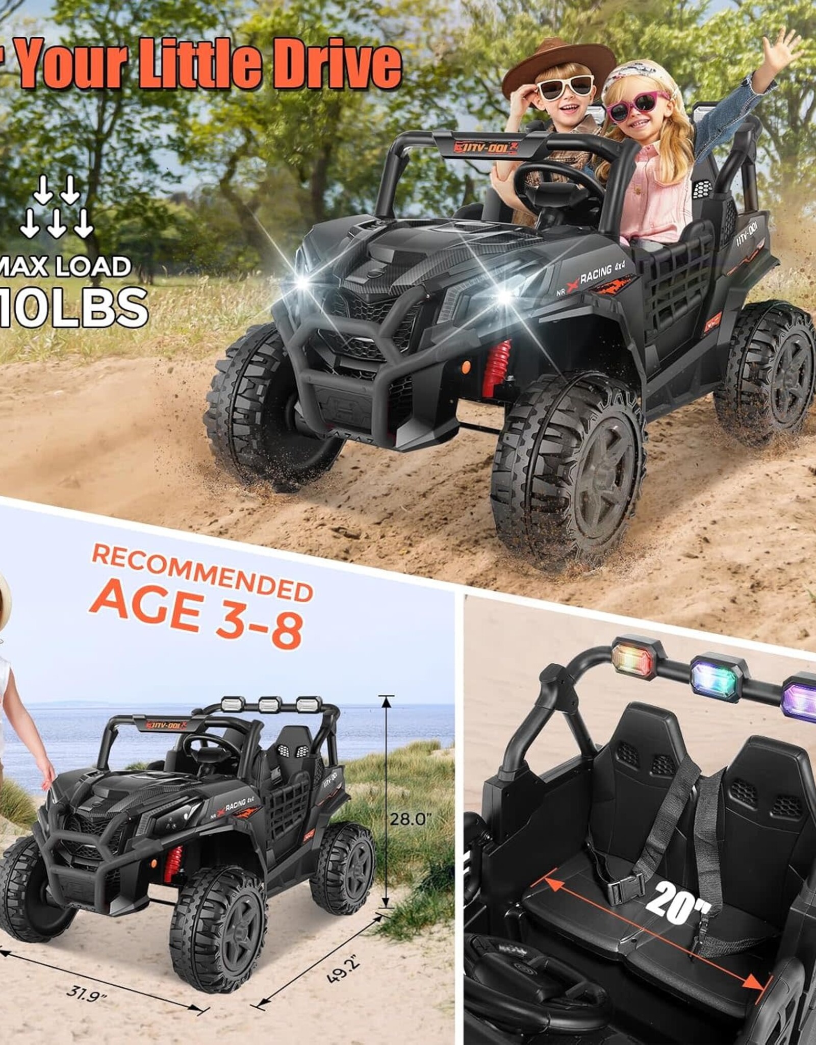 Hikole UTV 24v 2 Seater Ride on Car with Remote Control, 4WD/2WD Kids Power Electric Wheel UTV, 20" Spacious Seat, 4 Shock Absorbers, Music, Bluetooth, 24 Volt Ride On Toys for Boys, Hot Black