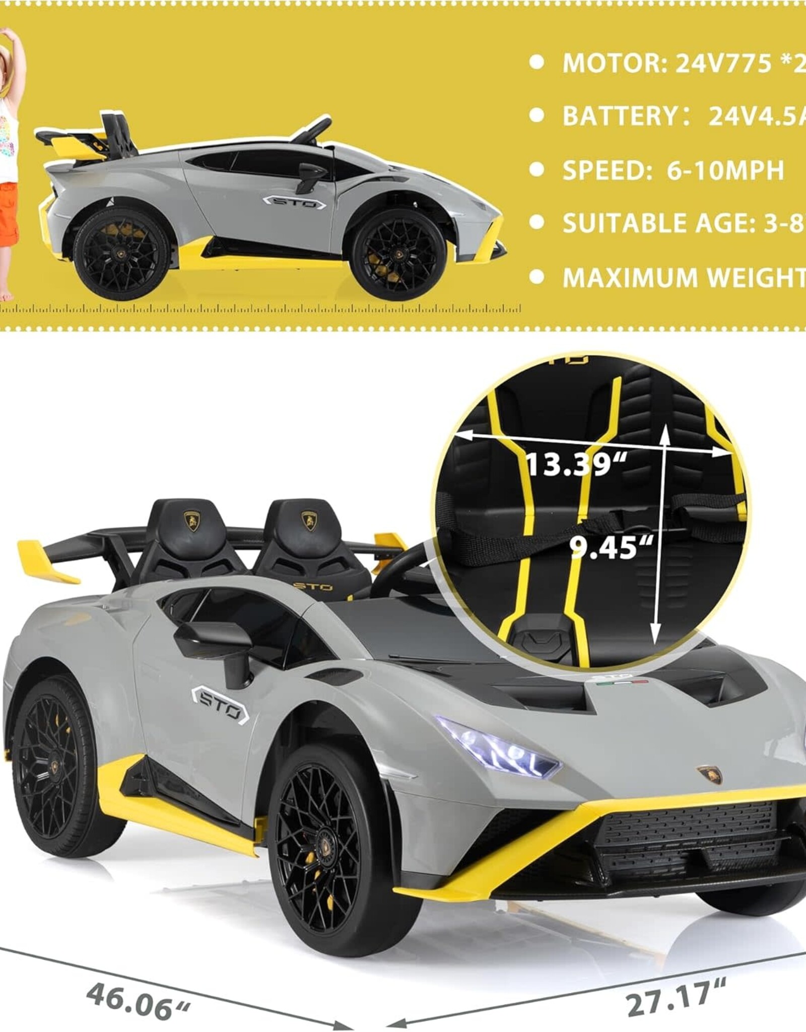TOBBI Kids Ride on 24V Licensed Lamborghini STO Electric Car for Kids 3-8 Battery Powered Ride on Toys Lambo Sports Car with Remote Control Motorized Drift Vehicle High Speed 10km/h, Gray