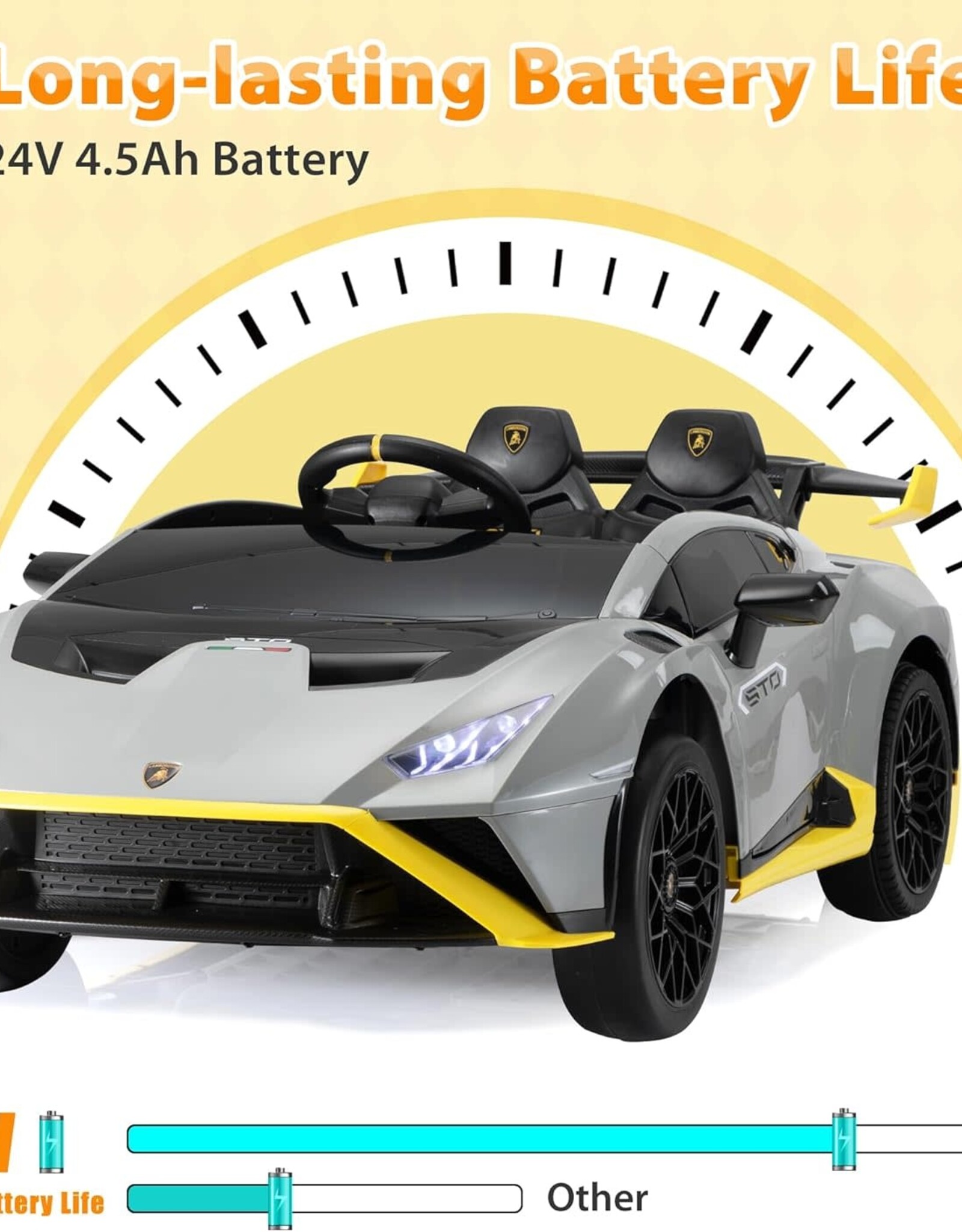 TOBBI Kids Ride on 24V Licensed Lamborghini STO Electric Car for Kids 3-8 Battery Powered Ride on Toys Lambo Sports Car with Remote Control Motorized Drift Vehicle High Speed 10km/h, Gray