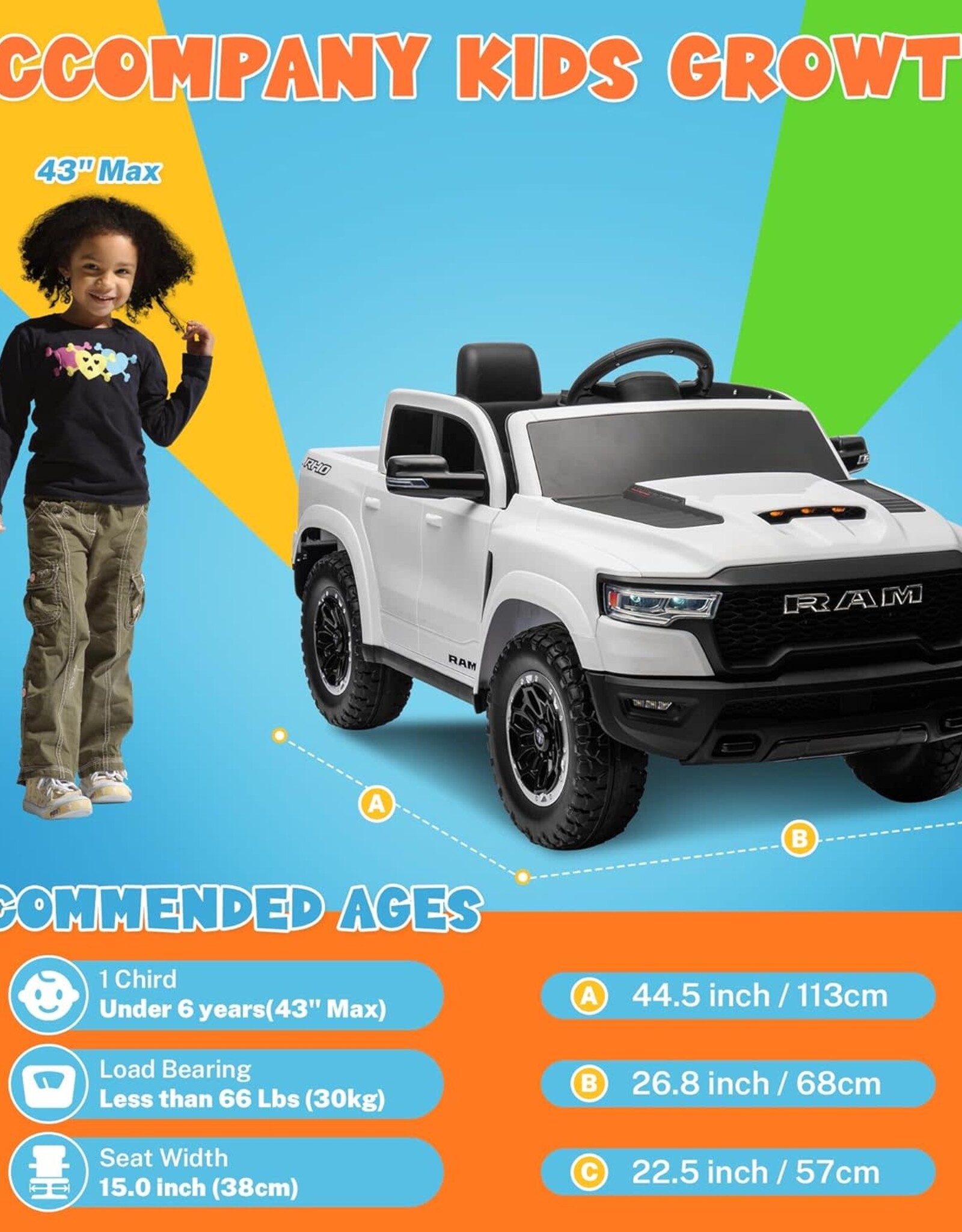 ENYOPRO 12V Ram 1500 Electric Ride On Truck for Kids, Remote Control Ride On Car for Toddlers, Electric Power Car w/4 Wheels Shock Absorption, Soft Start, 2 Speeds, LED Lights, BT/USB/MP3, White