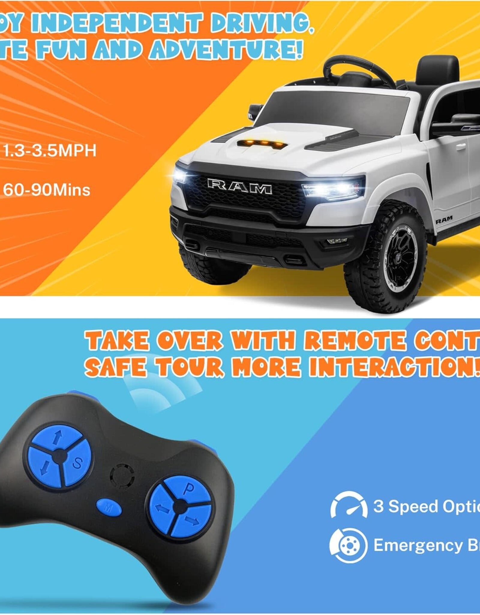 ENYOPRO 12V Ram 1500 Electric Ride On Truck for Kids, Remote Control Ride On Car for Toddlers, Electric Power Car w/4 Wheels Shock Absorption, Soft Start, 2 Speeds, LED Lights, BT/USB/MP3, White